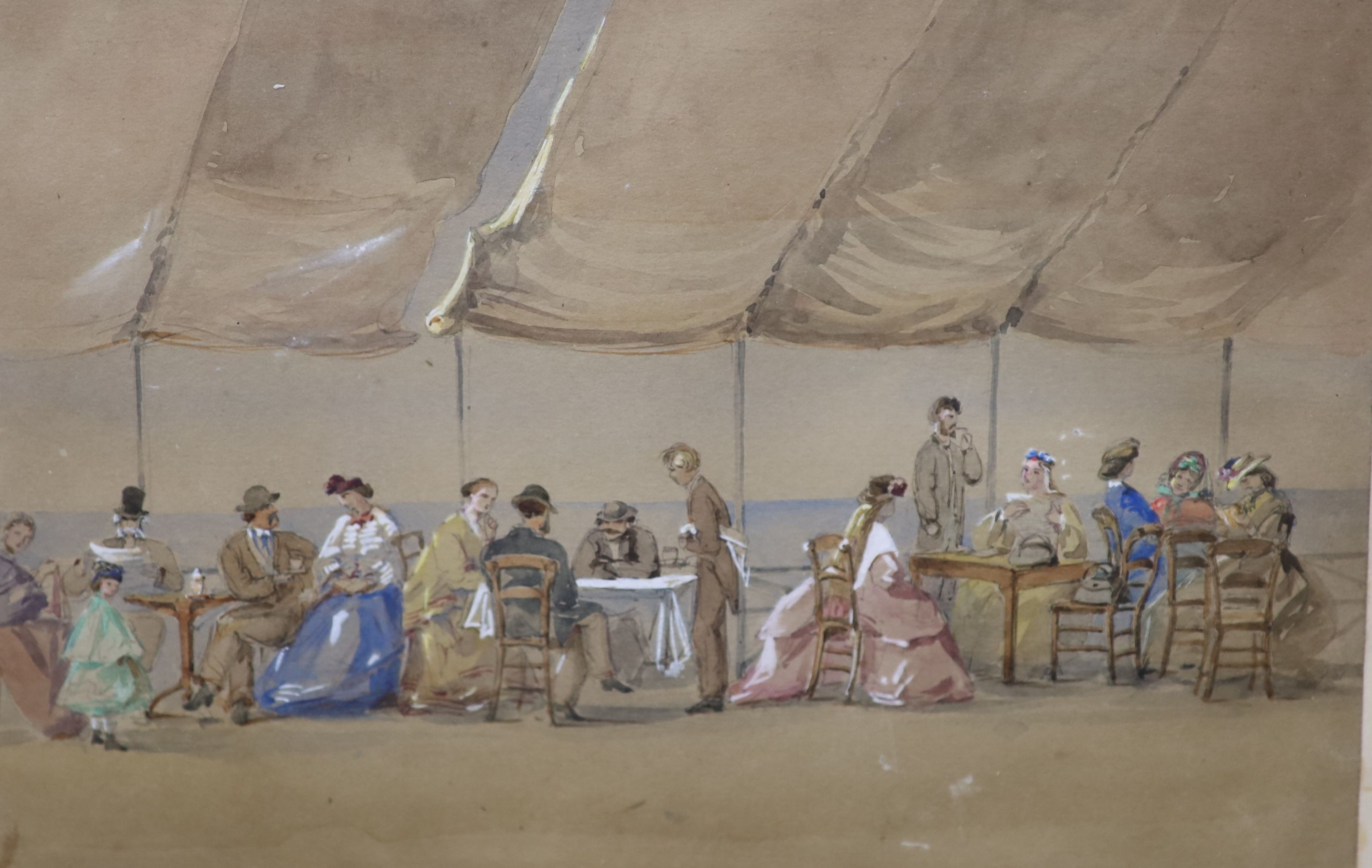 19th century English school, watercolour and body colour ‘A Garden Party Lyme Regis’, signed, and another by the same hand 18x37cm